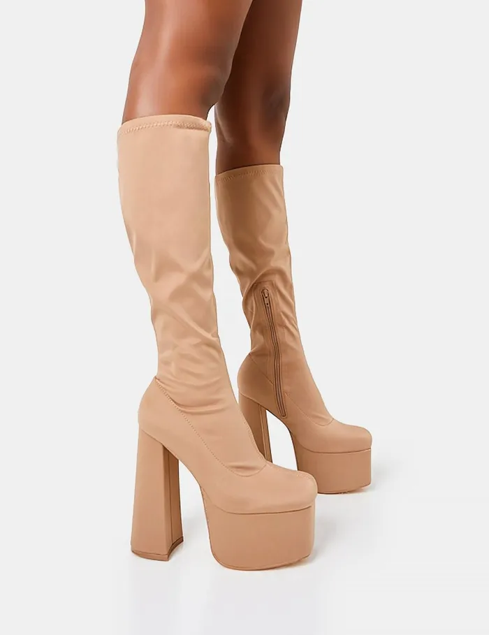 Women Polished Taupe Nylon Platform Rounded Square Toe Block Heeled Knee High Boots Neutral Public Desire Party Women Polished Taupe Nylon Platform Rounded Square Toe Block Heeled Knee High Boots Neutral Public Desire Party