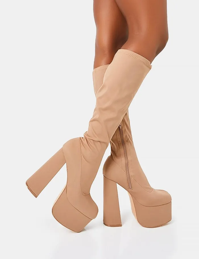Women Polished Taupe Nylon Platform Rounded Square Toe Block Heeled Knee High Boots Neutral Public Desire Party