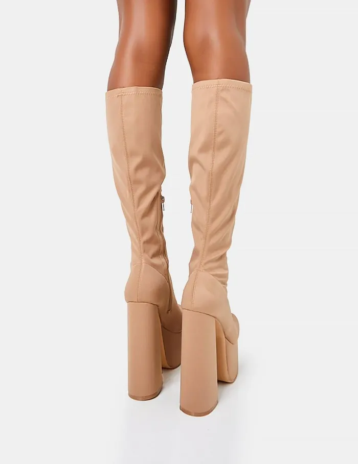 Women Polished Taupe Nylon Platform Rounded Square Toe Block Heeled Knee High Boots Neutral Public Desire Party