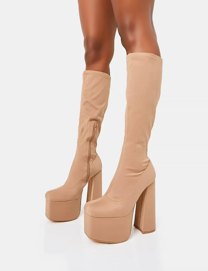 Women Polished Taupe Nylon Platform Rounded Square Toe Block Heeled Knee High Boots Neutral Public Desire Party