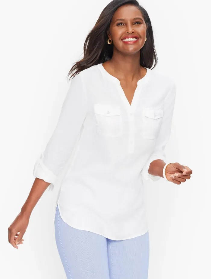 Women Popovers Talbots Linen Camp Shirt White