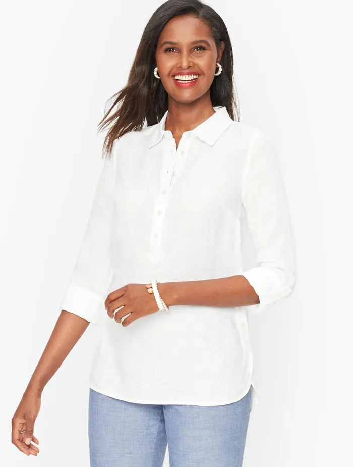Women Popovers Talbots Linen Popover Shirt Indigo Blue