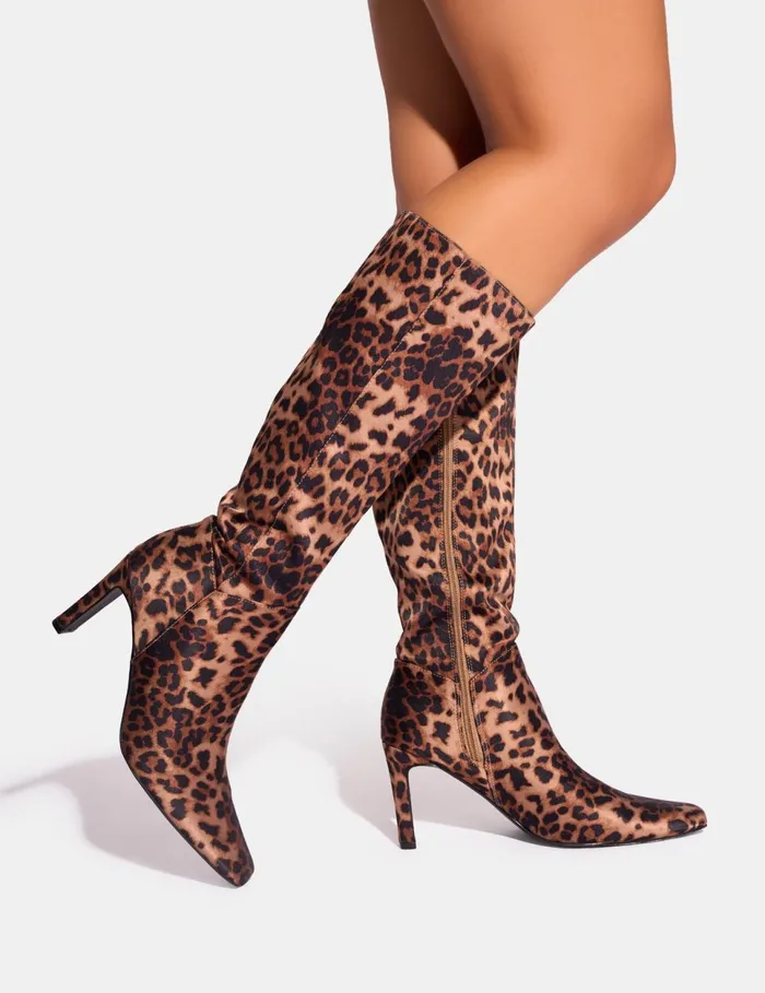 Women Pose Leopard Zip Up Knee High Slim Block Heeled Boots Leopard Public Desire Block Heels