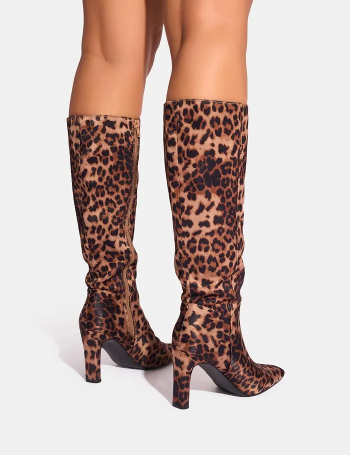 Women Pose Leopard Zip Up Knee High Slim Block Heeled Boots Leopard Public Desire Block Heels