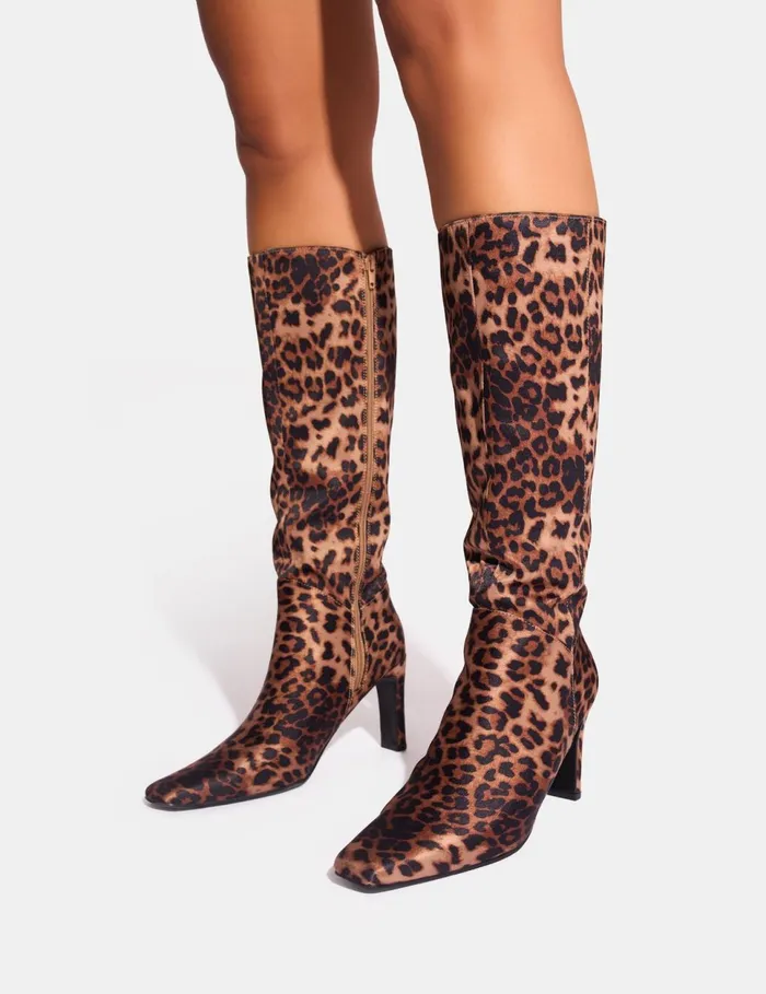 Women Pose Leopard Zip Up Knee High Slim Block Heeled Boots Leopard Public Desire Block Heels