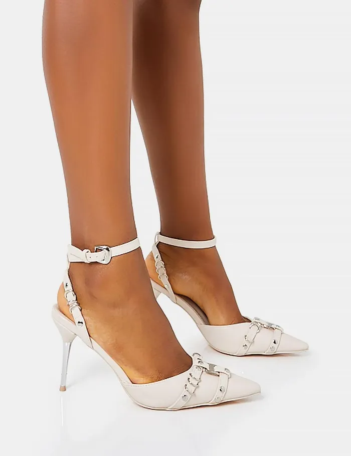 Women Prowl Cream Pu Strappy Metal Detailed Slingback Wrap Around The Ankle Pointed Toe Stiletto Heels Neutral Public Desire Festival Women Prowl Cream Pu Strappy Metal Detailed Slingback Wrap Around The Ankle Pointed Toe Stiletto Heels Neutral Public Desire Festival
