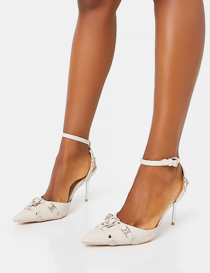 Women Prowl Cream Pu Strappy Metal Detailed Slingback Wrap Around The Ankle Pointed Toe Stiletto Heels Neutral Public Desire Festival