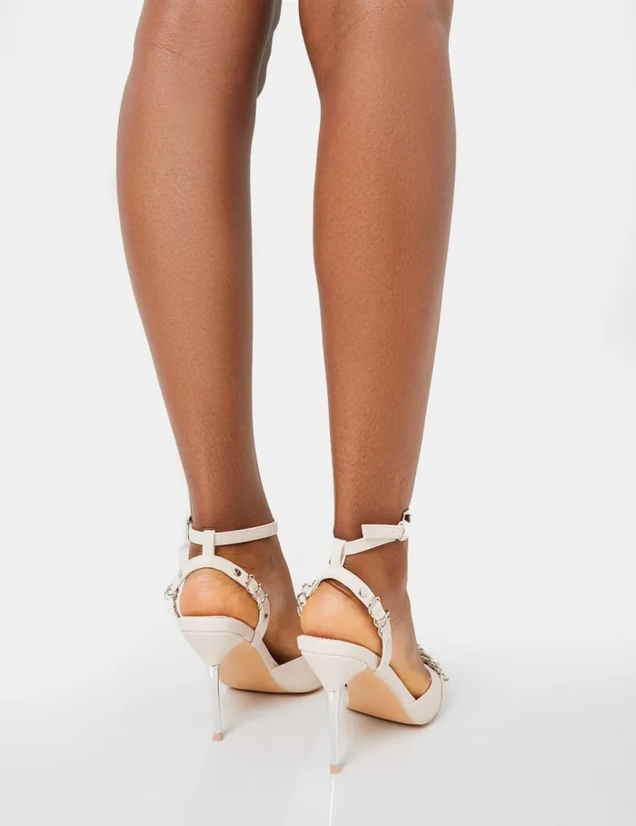 Women Prowl Cream Pu Strappy Metal Detailed Slingback Wrap Around The Ankle Pointed Toe Stiletto Heels Neutral Public Desire Festival