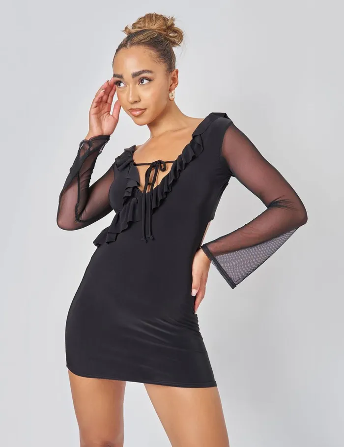 Women Public Desire Mesh Tie Front Mini Dress In Black Purple Public Desire Dresses