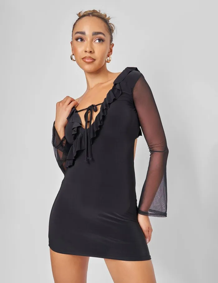 Women Public Desire Mesh Tie Front Mini Dress In Black Purple Public Desire Dresses