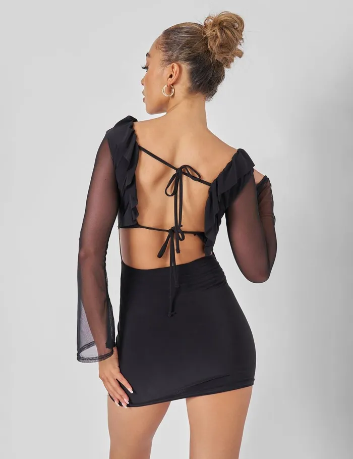 Women Public Desire Mesh Tie Front Mini Dress In Black Purple Public Desire Dresses