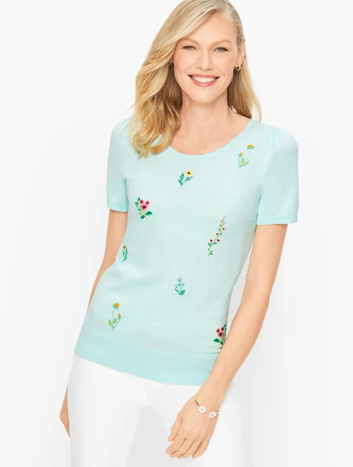 Women Pullovers Talbots Cotton Blend Embroidered Wildflowers Sweater Sea Opal Multi