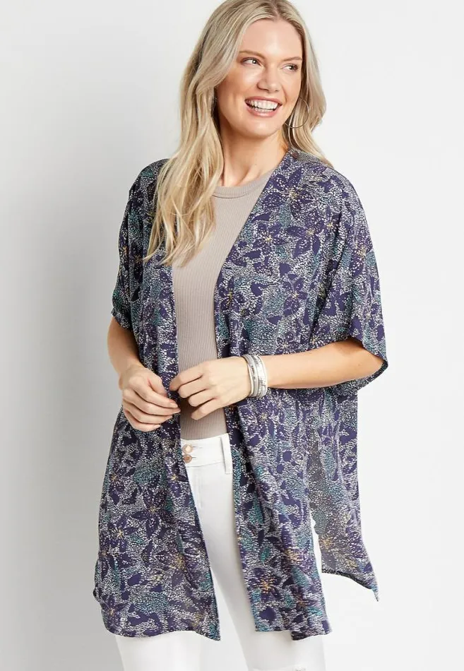 Women Purple Floral Side Slit Kimono Maurices Tops