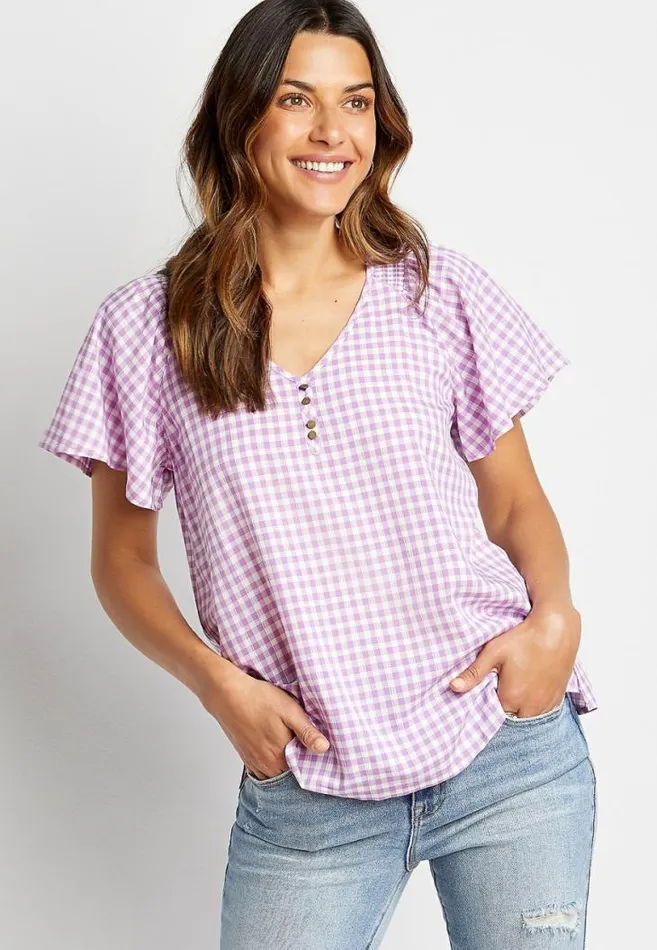Women Purple Gingham Flutter Sleeve Blouse Maurices Tops