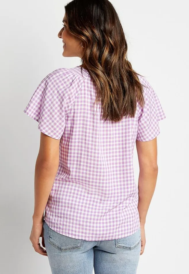 Women Purple Gingham Flutter Sleeve Blouse Maurices Tops