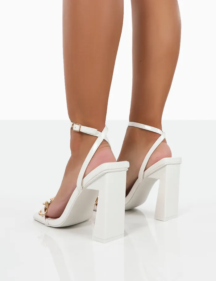 Women Rae Wide Fit White Patent Buckle Detail Block Heels White Public Desire Wedding