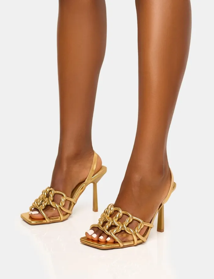 Women Rayne Gold Knotted Upper Slingback Square Toe Heels Gold Public Desire Square Toe Heels