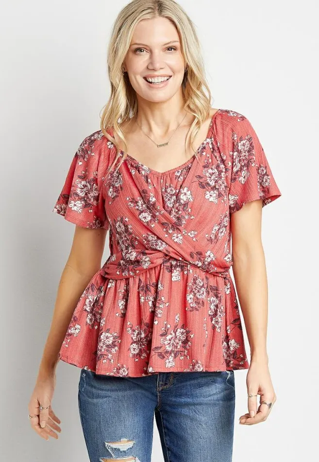 Women Red Floral Twist Front Peplum Top Maurices Tops