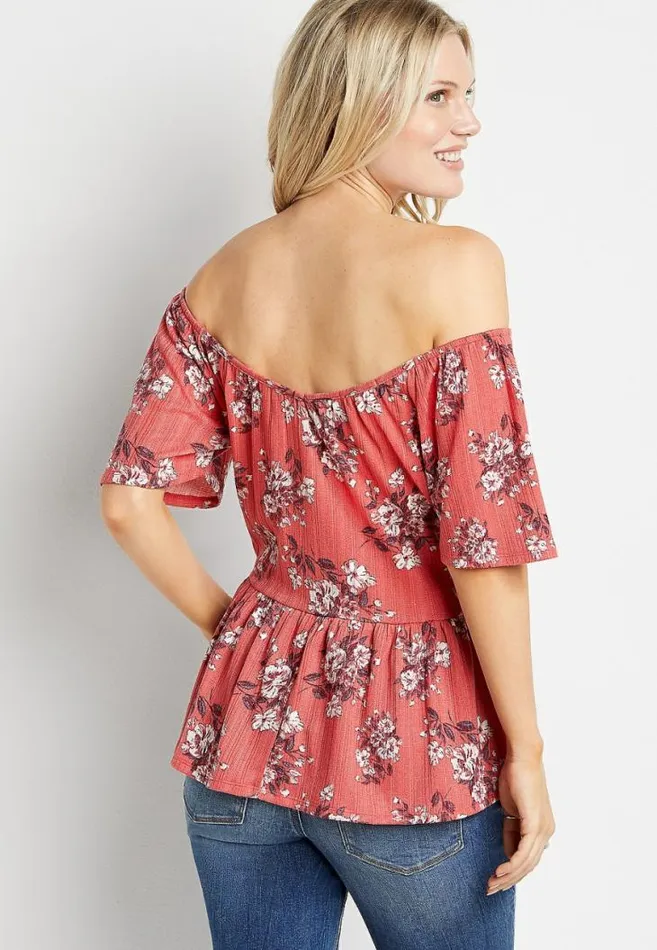 Women Red Floral Twist Front Peplum Top Maurices Tops