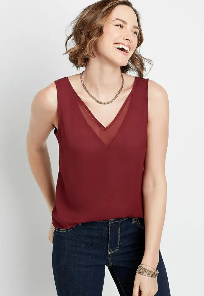 Women Red Sheer Inset V Neck Tank Top Maurices Tops