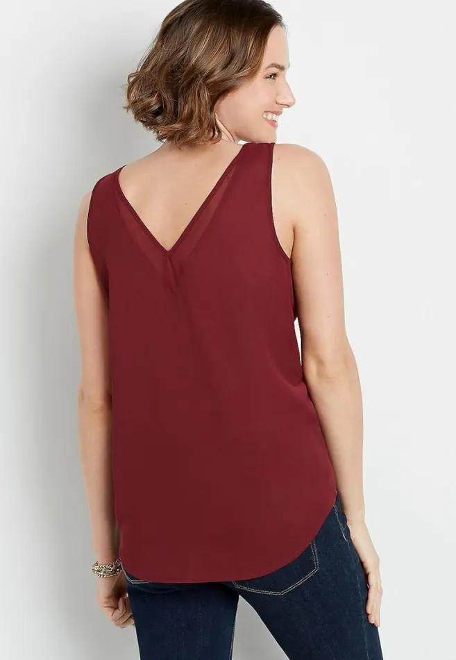 Women Red Sheer Inset V Neck Tank Top Maurices Tops
