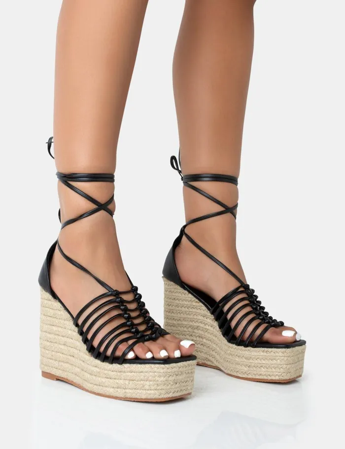 Women Reece Knot Strappy Raffia Wedge Heels Black Public Desire Holiday