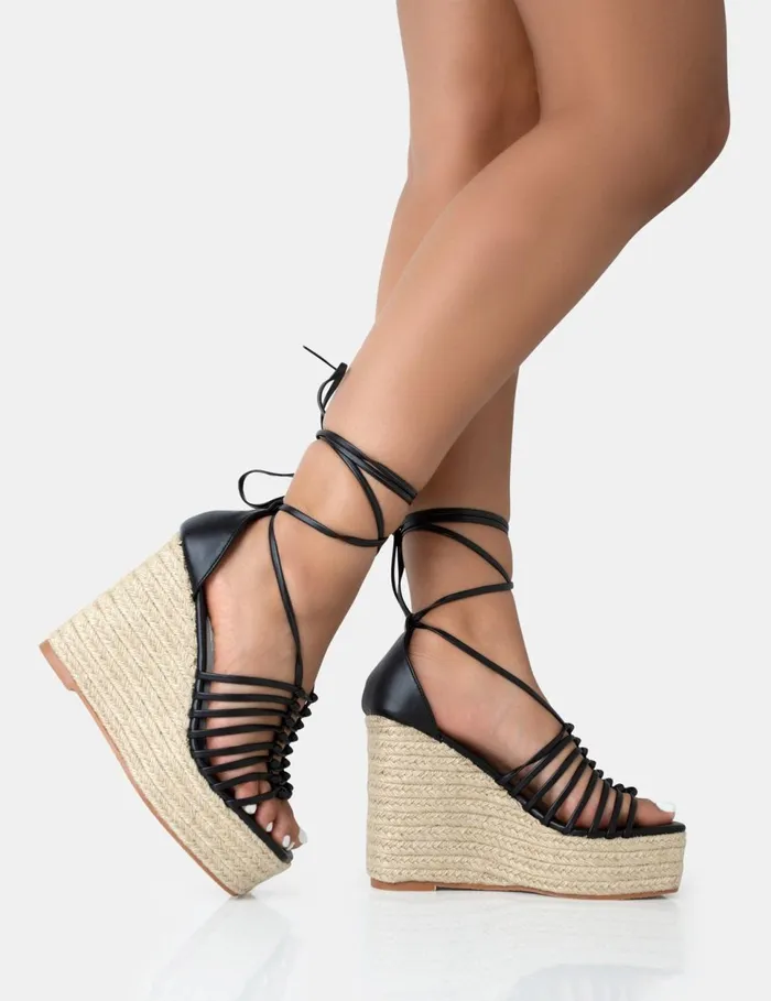 Women Reece Knot Strappy Raffia Wedge Heels Black Public Desire Holiday