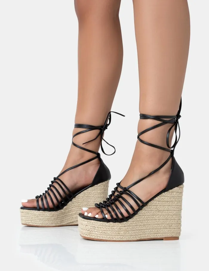 Women Reece Knot Strappy Raffia Wedge Heels Black Public Desire Holiday