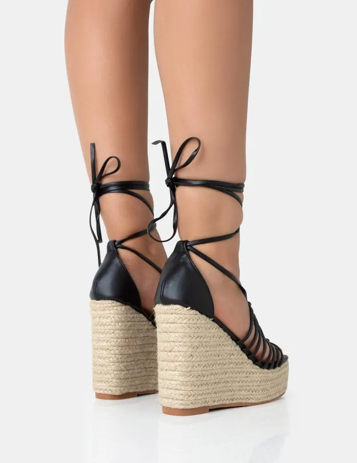 Women Reece Knot Strappy Raffia Wedge Heels Black Public Desire Holiday