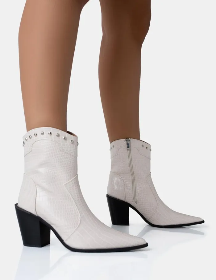 Women Riley Ecru Croc Metal Studded Detail Pointed Toe Western Cowboy Block Ankle Boots Neutral Public Desire Festival Women Riley Ecru Croc Metal Studded Detail Pointed Toe Western Cowboy Block Ankle Boots Neutral Public Desire Festival