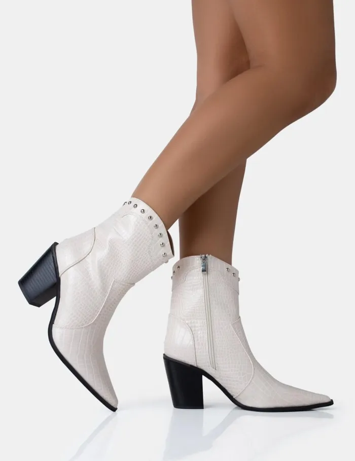 Women Riley Ecru Croc Metal Studded Detail Pointed Toe Western Cowboy Block Ankle Boots Neutral Public Desire Festival