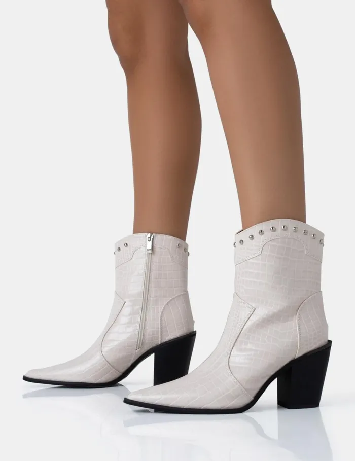 Women Riley Ecru Croc Metal Studded Detail Pointed Toe Western Cowboy Block Ankle Boots Neutral Public Desire Festival