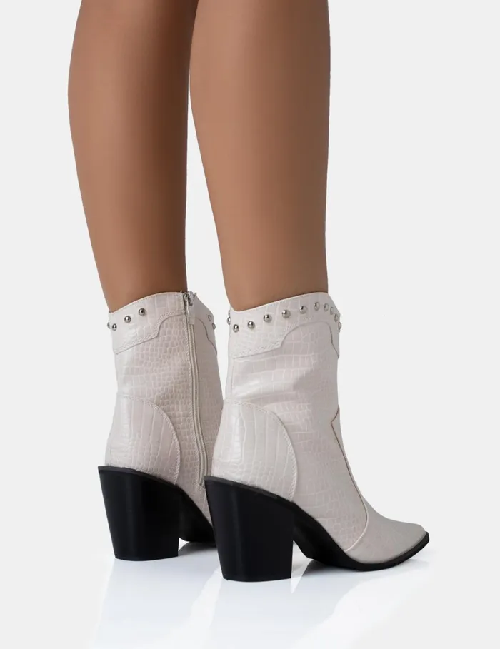 Women Riley Ecru Croc Metal Studded Detail Pointed Toe Western Cowboy Block Ankle Boots Neutral Public Desire Festival