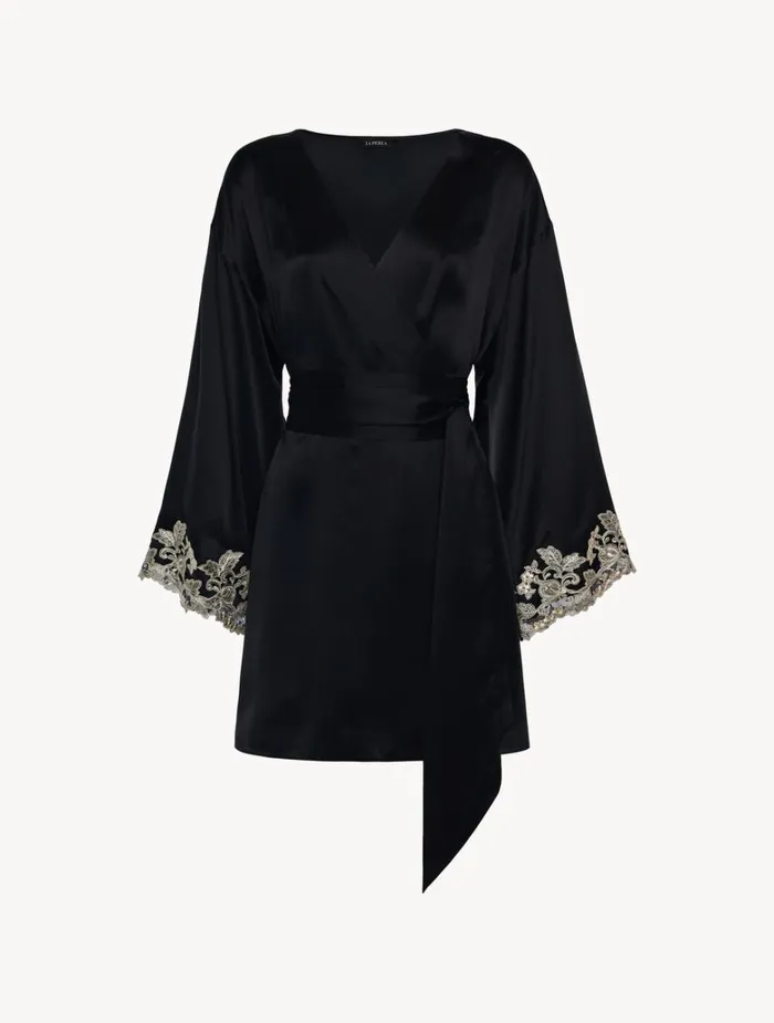 Women Robes La Perla Black Silk Short Robe With Frastaglio