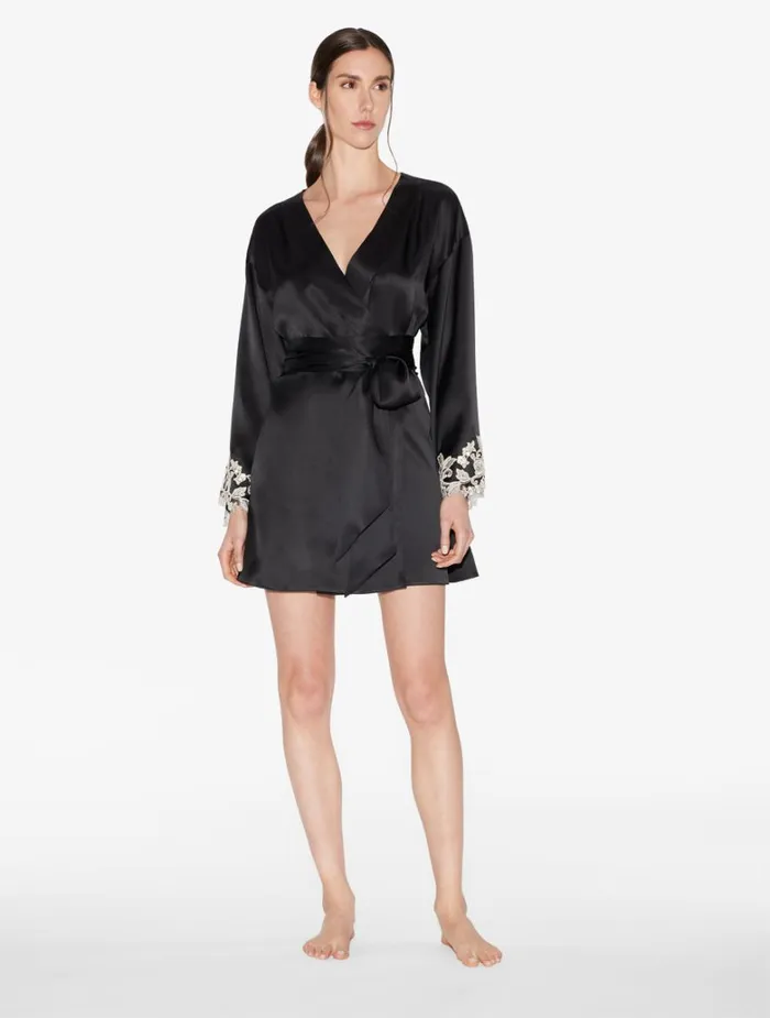 Women Robes La Perla Black Silk Short Robe With Frastaglio