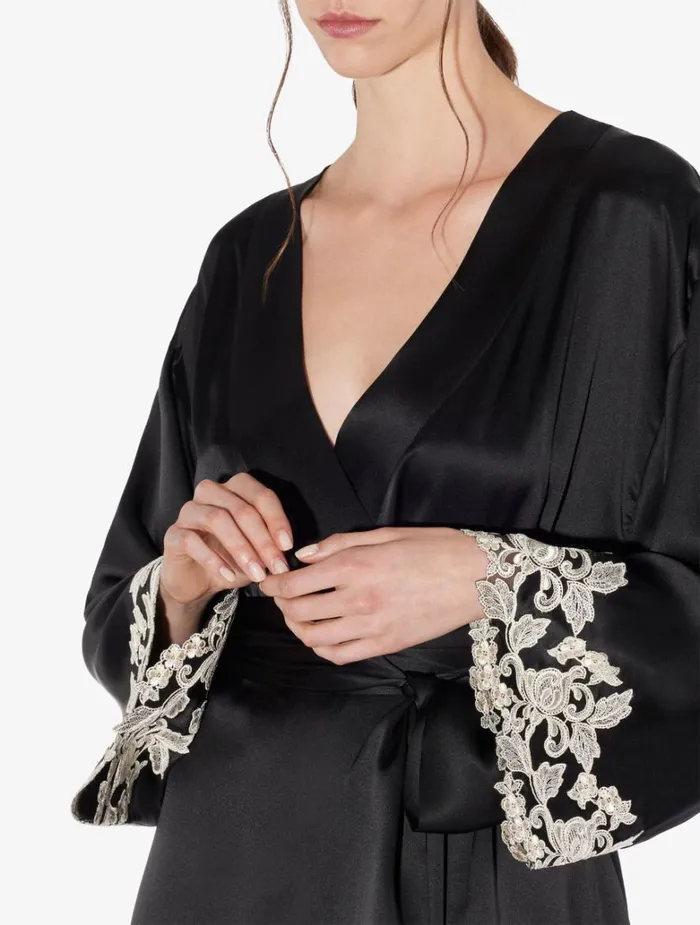 Women Robes La Perla Black Silk Short Robe With Frastaglio