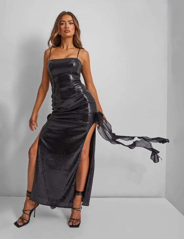 Women Rose Detail Sequin Maxi Dress Black Black Public Desire Metallics