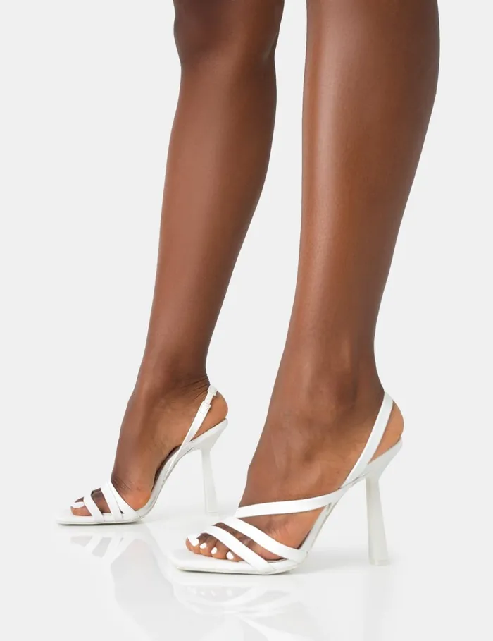 Women Roxie White Pu Asymmetric Strap Square Toe Stiletto Heels White Public Desire Party