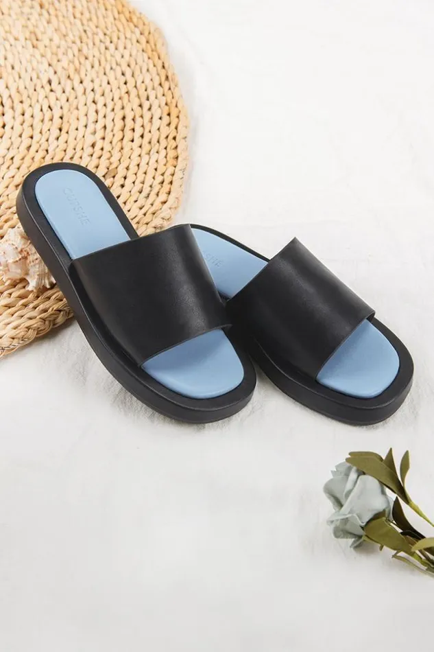 Women Sandals Cupshe Coffee Run Black Wide Band Slide Sandals Black