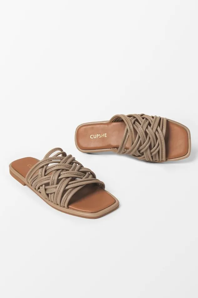 Women Sandals Cupshe Love Language Square Toe Flat Sandals Brown