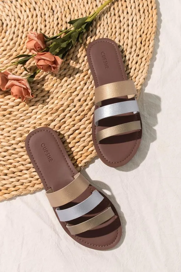 Women Sandals Cupshe Olympia Three Straps Slides Gold