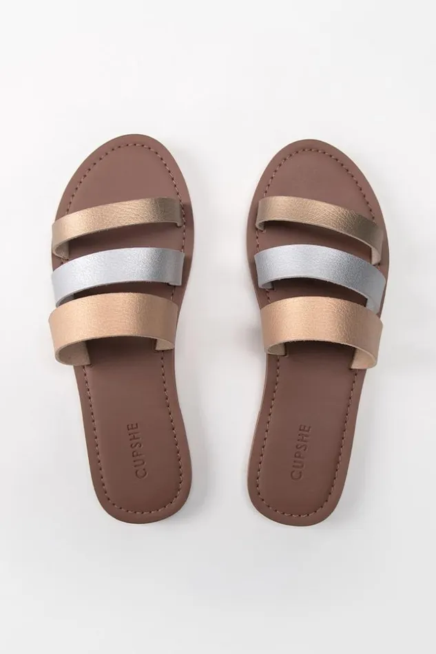 Women Sandals Cupshe Olympia Three Straps Slides Gold