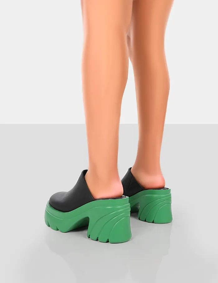 Women Sandi Green PU Chunky Sole Block Heeled Mules Green Public Desire Ankle Boots