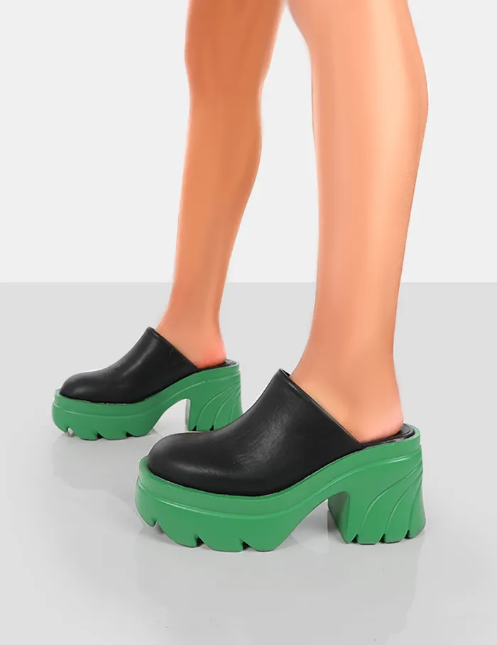 Women Sandi Green PU Chunky Sole Block Heeled Mules Green Public Desire Ankle Boots