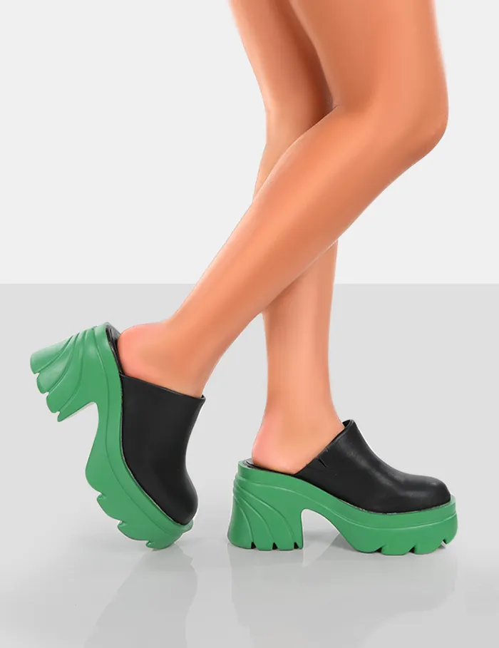 Women Sandi Green PU Chunky Sole Block Heeled Mules Green Public Desire Ankle Boots