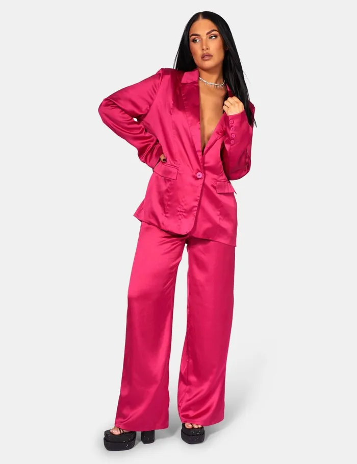 Women Satin Wide Leg Tailored Trousers Pink Kaiia Pink Public Desire Trousers