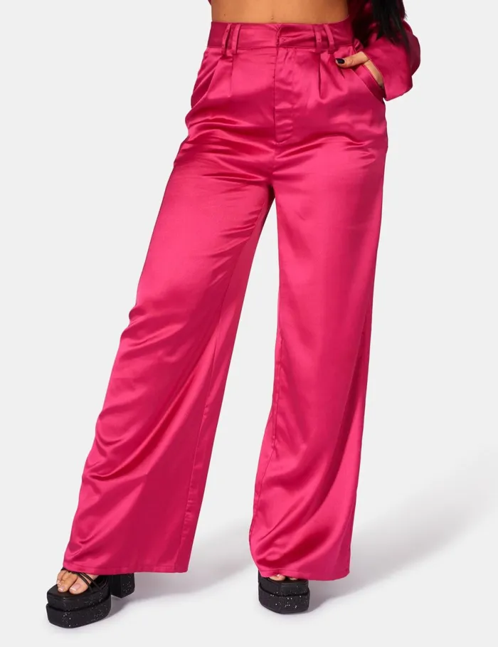 Women Satin Wide Leg Tailored Trousers Pink Kaiia Pink Public Desire Trousers