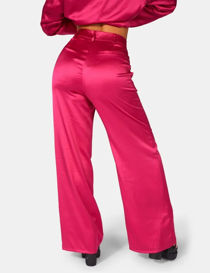 Women Satin Wide Leg Tailored Trousers Pink Kaiia Pink Public Desire Trousers