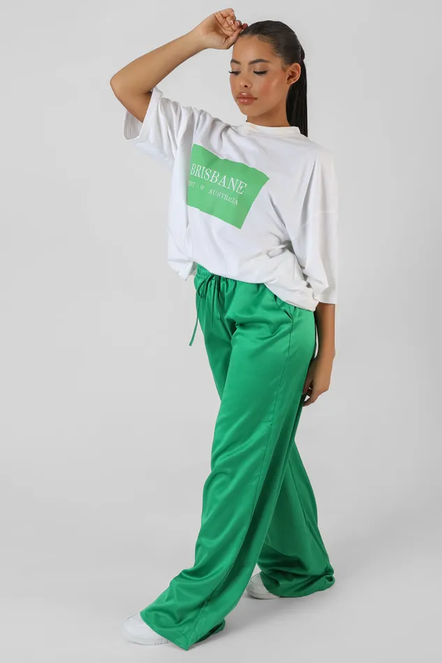 Women Satin Wide Leg Trousers Green Kaiia Green Public Desire Jogger and Leggings
