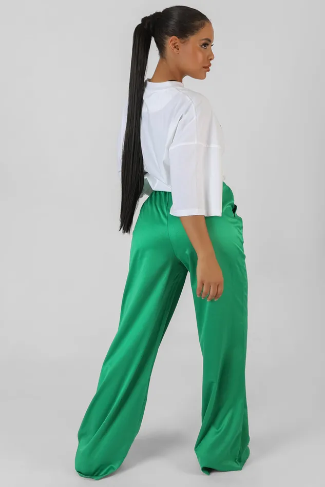 Women Satin Wide Leg Trousers Green Kaiia Green Public Desire Jogger and Leggings